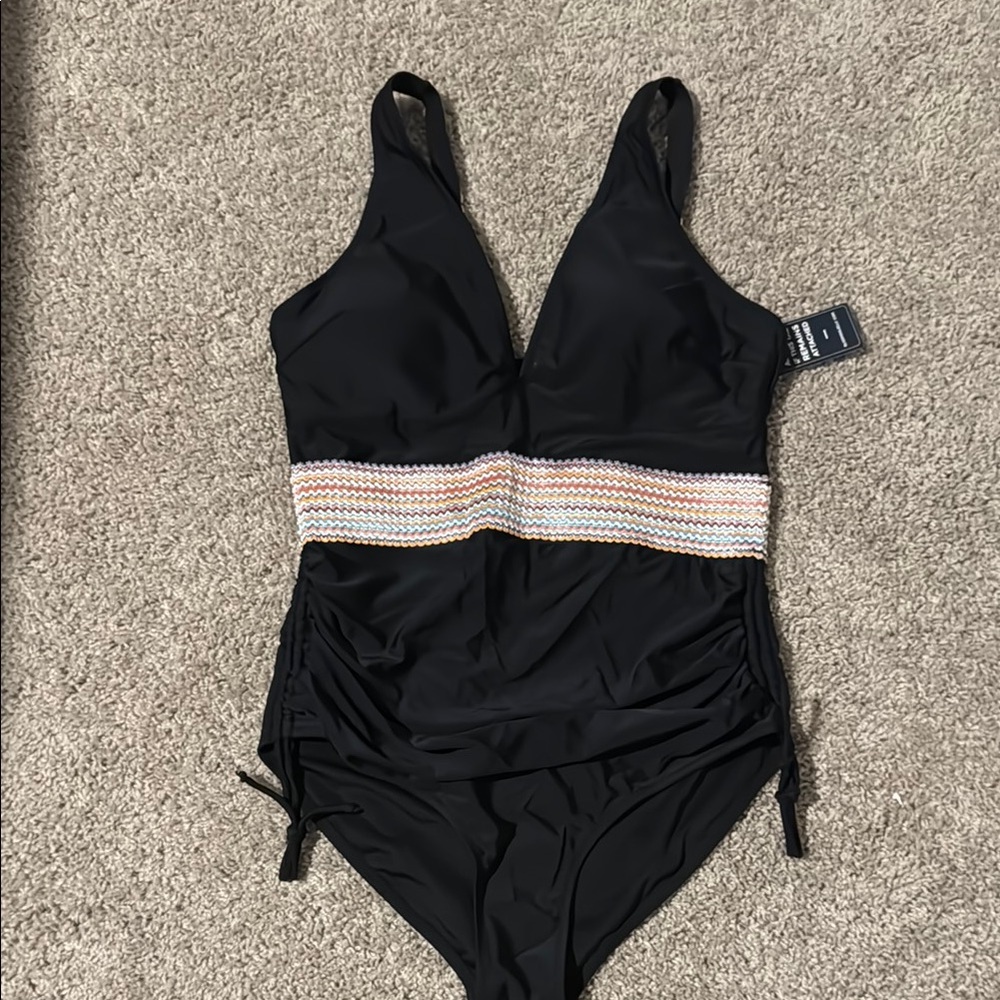 Black One-Piece Swimsuit with Colorful Waistband